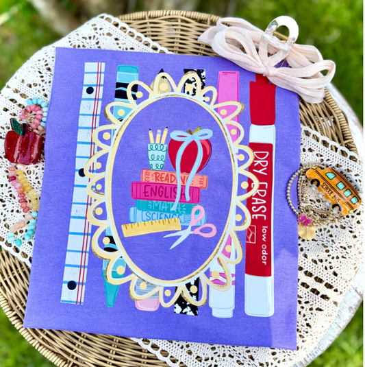 Teacher School Supplies Graphic T-Shirt | Back to School Teacher Tee | Cute Teacher Shirt | Apple & Books Design