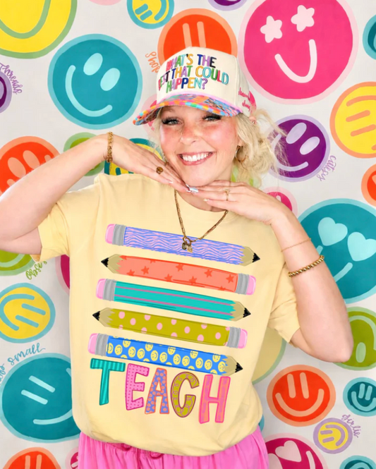 Teach Pencil Stack Shirt | Colorful Teacher Tee | Cute Back to School Graphic Tee