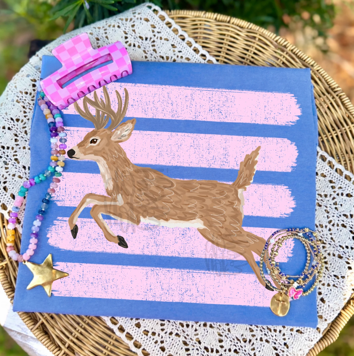 Pink Stripe Buck Tee or Crewneck
